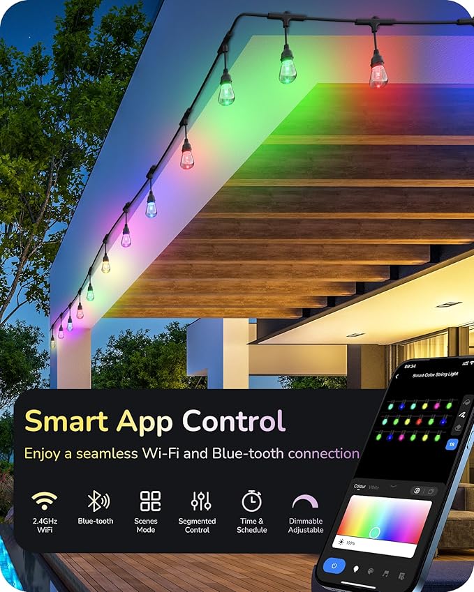 EDISHINE St. Patrick's Day/Easter 96ft Smart Outdoor String Lights, Color Changing Light 36 RGBW LED Bulbs, Compatible with Alexa, Waterproof WiFi Outdoor Lights for Party, Holiday Decor