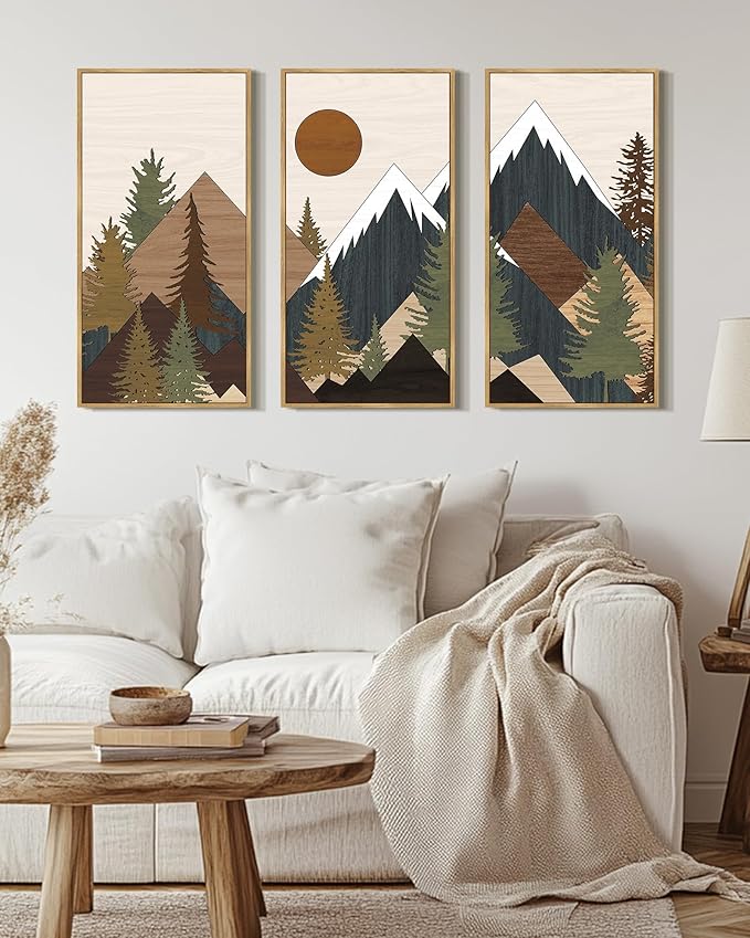 KUVIOKE Huge 16x32in Wooden Mountains Range Landscape Wall Art Framed Tree Nature Wall Decor Farmhouse Rustic Prints Kitchen Living Room Ready to Hang Natural Framed