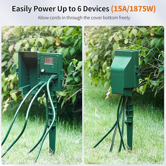 SURAIELEC Outdoor Power Stake, 7-Day Programmable Digital Timer, Power Strip Weatherproof, 6 Multi Plug Electrical Outlet Waterproof, 6 ft Extension Cord, for Outside Yard Light, Christmas Decorations