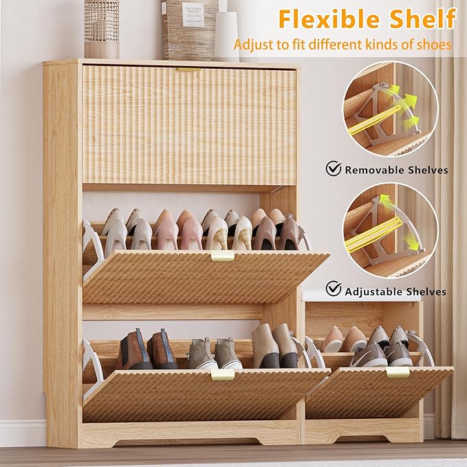 Slim Shoe Cabinet with Bench for Entryway, Hidden Storage and Adjustable Shelves, Free Standing Wooden Shoes Organizer for Hallway, Foyer