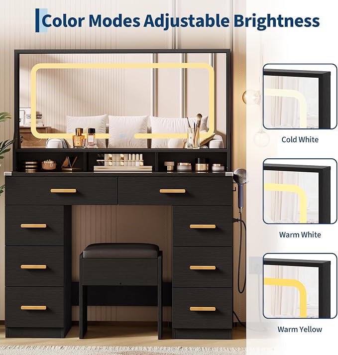 IDEALHOUSE Vanity Desk with Mirror and Lights, Makeup Table with Glass Top & 8 Drawers, 3-Color LED Mirror, Power Outlets & USB, Hair Dryer Holder, Stool Included, Dressing Table Set for Bedroom
