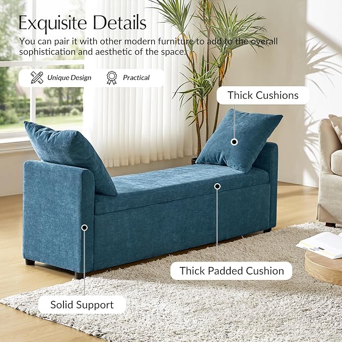 59.5" Modern Storage Ottoman Bedroom Bench, End of Bed Benches with Arms and Throw Pillows, Footrest Stool for Living, Dining Room, Entryway and Hallway, Teal