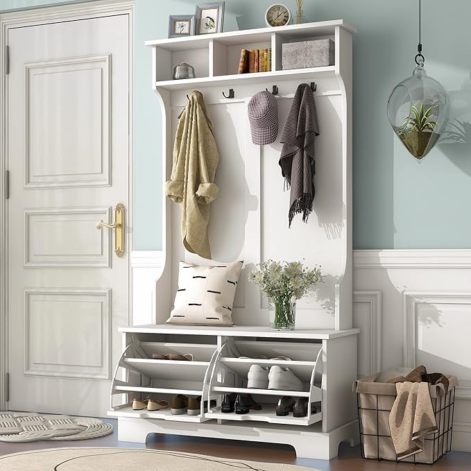 RUNNA Modern All in One Hall Tree with 3 Top Shelves and 2 Flip Shoe Storage Drawers,Bench and 4 Metal Hooks,Wood Organizer for Hallway Entryway Use (White@q)
