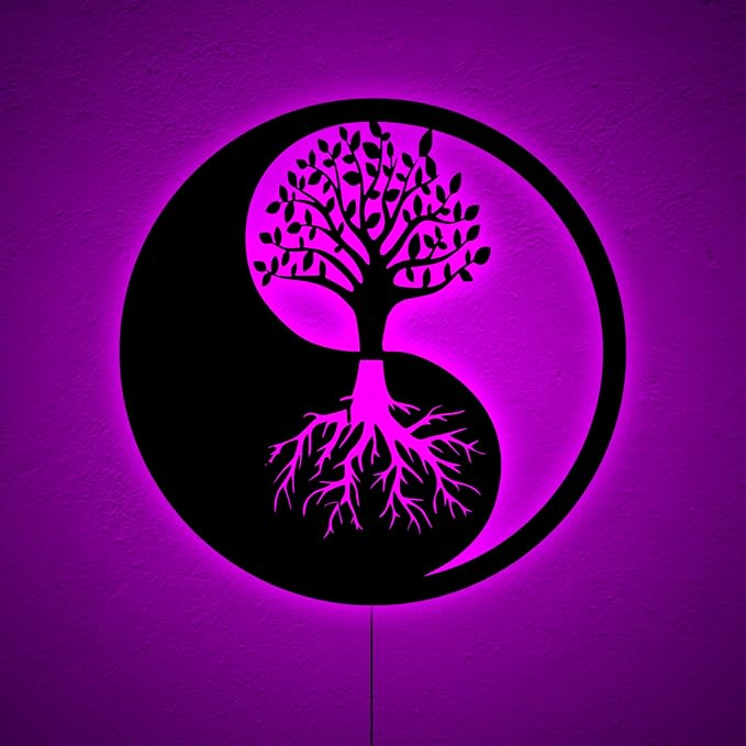 SAFESYZ Meditation Tree Wall Art with LED Lights, Yoga Room Decoration, Tree Inside Yin Yang Wall Sign, Yin Yang Decor, Home Office Decoration, Birthday Xmas Christmas Gifts, RGB 16 Colors Changing
