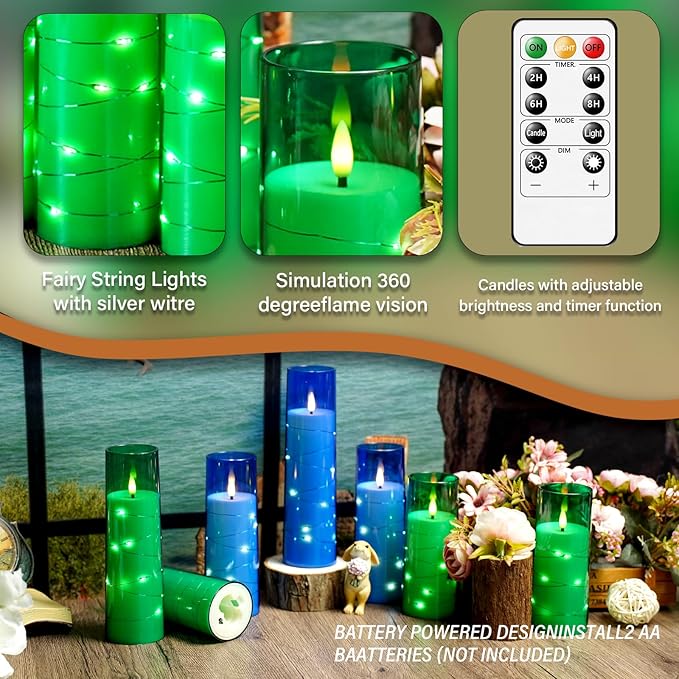 Flameless LED Candles with Timer 9 Pc Flickering Flameless Candles for Romantic Ambiance and Home Decoration Stable Acrylic Shell,with Embedded Star String，Battery Operated Candles（Green）