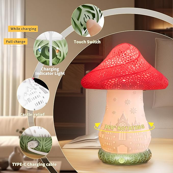Mushroom Lamp, Battery Operated Bedside Lamp, 3-Way Dimmable Touch Lamp, Auto-Rotating Rechargeable LED Night Light for Bedroom, Living Room