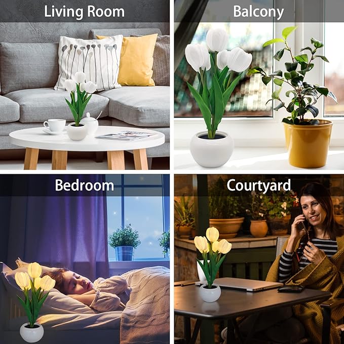 Flower Table Lamp Tulip Desk LED Night Light for Home Living Room Decor Artificial Flower with Vase Table Centerpieces for Birthday Holiday Party Wedding Room Decoration (White)