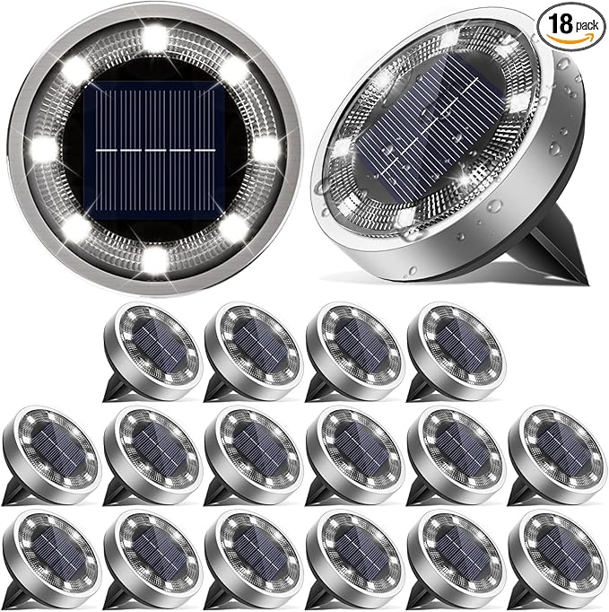 Solar Ground Lights,18 Pack Flat Solar Lights Outdoor Waterproof, Bright LED Solar Disc Lights, 6000K Cool White Landscape Lighting for Outside Yard Garden Pathway Driveway Lawn