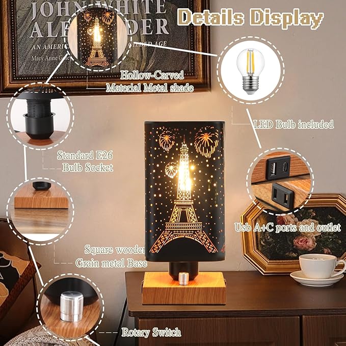 Industrial Table Lamp Sets of 2 with USB Ports and Outlet, Rustic Dimmable Bedside lamp with Charging Station, Metal Square Shadow Nightstand Lamp for Bedroom Living Room End Tables