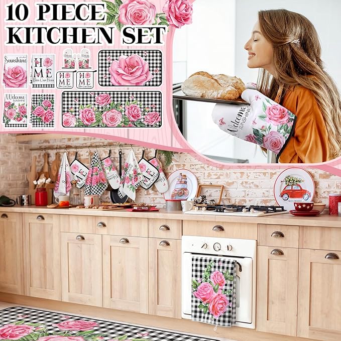 Fourluoo 10 Pcs Kitchen Set Kitchen Towels and Rugs Oven Mitts and Pot Holders Farmhouse Decor for Women Mom Gift Cooking Baking Grilling