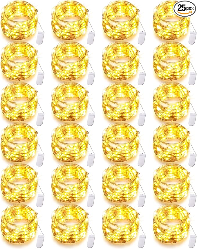 Riakrum 7ft 20 Fairy Lights Battery Operated [3 Styles], LED String Lights Bulk Waterproof String for Christmas Mason Jars Wedding Engagement Party Decorations Table Centerpiece(Warm,25 Pack)