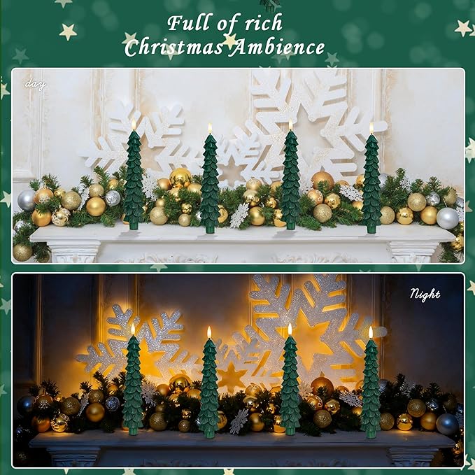 Christmas Tree Candles with Remote, 4 Pack Green Flameless Taper Candles Battery Operated, Real Wax 9.6 Inch Flickering Led Christmas Tree Candlesticks Decorations for Winter Home Holiday Xmas Gift