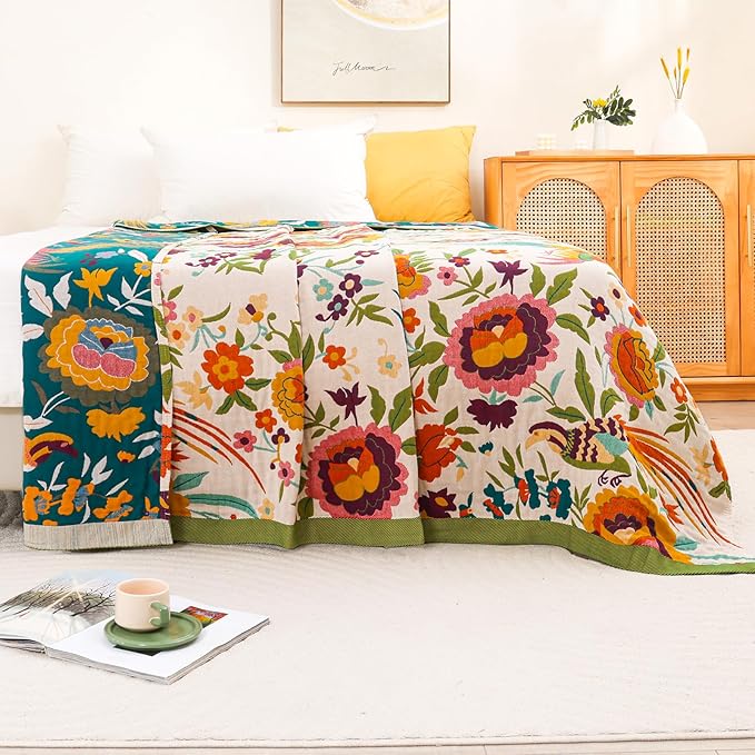 Boho Throw Blanket for Bed Couch 100% Cotton Ultra Soft Large Rustic Quilt King Blanket,Bird Floral Printed Farmhouse Bed Blankets 90"×98", Decorative Reversible Muslin Bed Cover for All Seasons