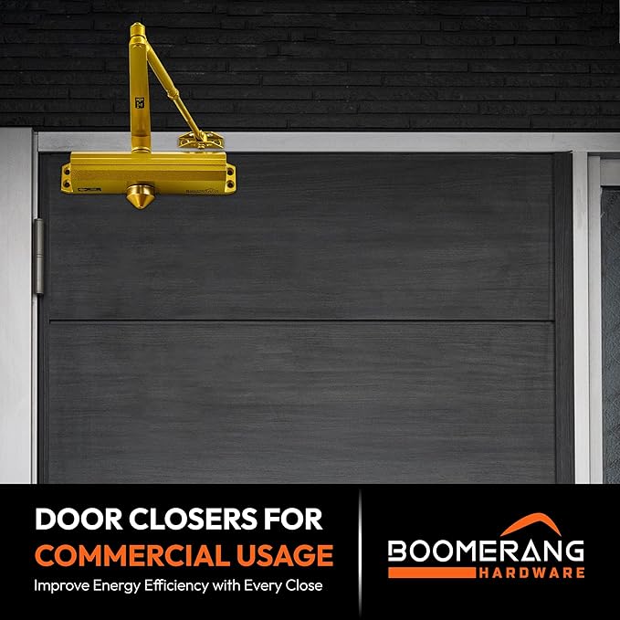 Boomerang Medium/Heavy Duty Automatic Commercial Door Closer -D4016 Surface Mounted, Grade 1- ADA & UL 3 Hour Fire Rated, Adjustable Size 1-6 for Entry & Aluminum Storefronts, Painted Brass/Gold (US4)