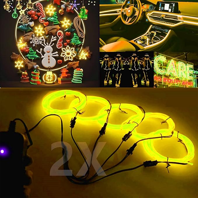 Ourbest 2Pack 5in1 Wearable led Wire Lights, el Wire Lights Battery Powered Party Cosplay Rope Lights 3Mode Stay/Slow/Fast Flash 6Ft(2 Battery Boxes Yellow)