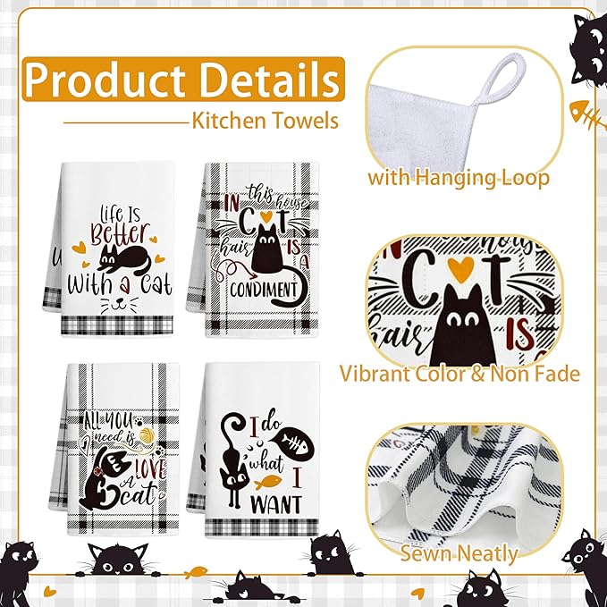 8 PCS Black Cat Decor Kitchen Decor and Accessories - 4 Dish Towels Set 2 Oven Mitts and Pot Holders Sets for Cat Lover Cooking Baking Cute Kitty Kitten Plaid Lightweight Housewarming Gifts