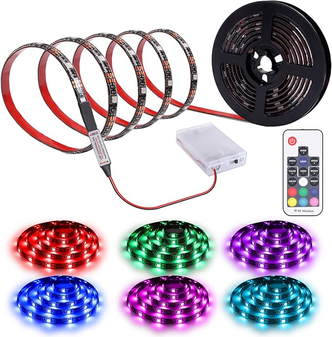 Led Strip Lights Battery Powered RGB Led Strip Rope Lights Waterproof Led Lights with Remote Control Flexible Led Strip Lighting 2M 6.56ft