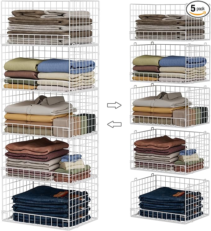 Yociyoga 5-Tier Stackable Closet Organizers and Storage Basket - Foldable Closet Shelf Organizer System, Space-Saving Clothes Storage Bins Drawer Organizer for Wardrobe, White (Patent Pending)