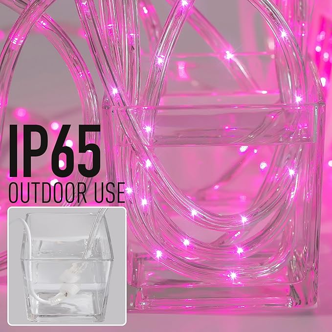 50ft Pink Rope Lights,Connectable for Indoor & Outdoor,110V Transparent Flexible Tube Lights,Waterproof LED Rope Lighting for Outside,Deck,Patio,Pool,Camping,Bedroom Decor,Landscape Lighting