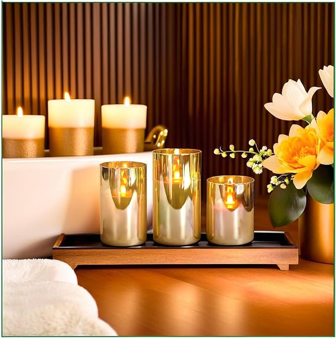 NICEME Radiance Evanescing Flameless Candles with Remote, 3 Pack Glass Battery Operated Candles with Timer, Real Wax Glass LED Candles Flickering Wedding Home Party Christmas D3 x H4 5" 6" Gold