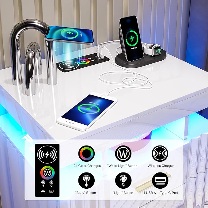 HNEBC LED Night Stand,Nightstand with Charging Station-USB+Type-C+Wireless Charging,Smart Bedside Table has Auto Sensor, High Gloss Nightstand White with 3 Drawers for Bedroom