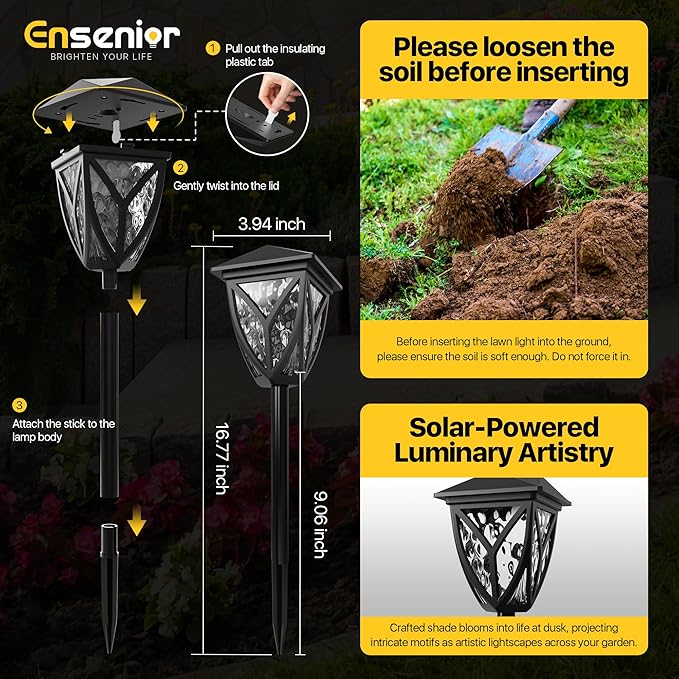 Ensenior Solar Lights Outdoor, 6500K LED Solar Garden Lights for Pathway Yard Patio Walkway Planter Walkway Landscape Lighting, IP65 Waterproof, Energy-Efficient Landscape Lighting, 6-Pack