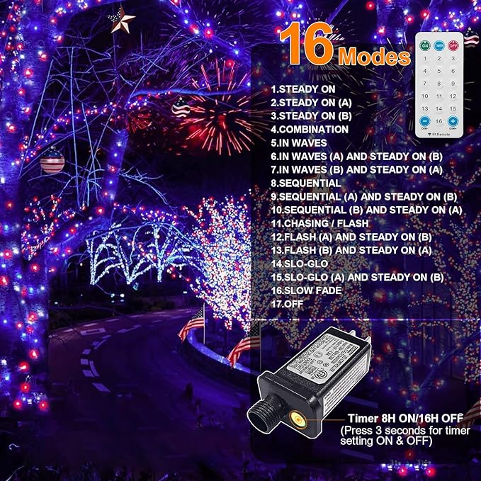 LAMPHOME Patriotic Fairy Lights Plug in, 33Ft 100 LEDs Waterproof Twinkle Firefly Lights, Adaptor Included Starry String Light for Independence Day Patriotic Holidays Decoration (Red, White & Blue)