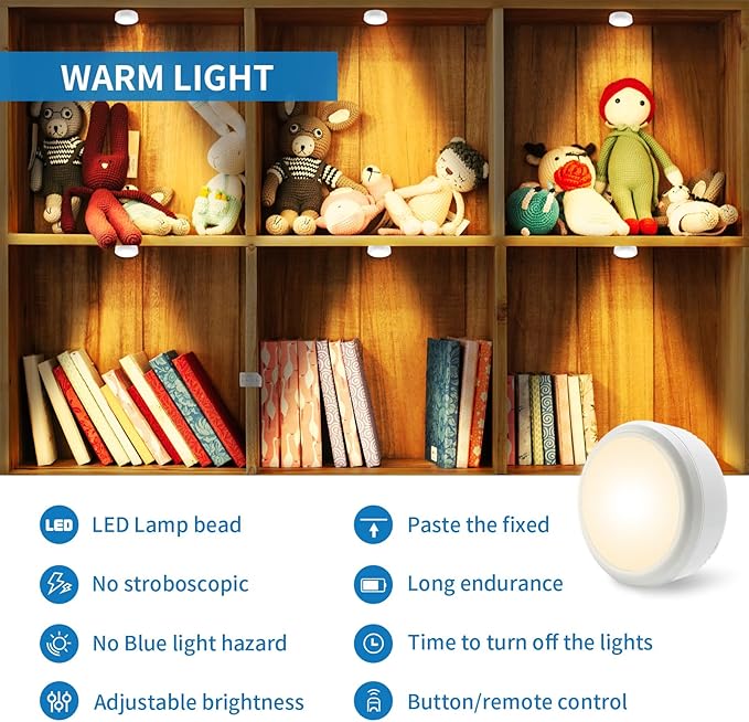 LEASTYLE Puck Lights with Remote, Battery Operated Under Cabinet Lighting with Dimmable Timer, 3000K Stick-On Closet Light Under Counter Lights for Kitchen,White (1 Pack)