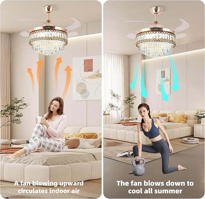 Retractable Crystal Ceiling Fan with Lights and Remote/APP Control, Bluetooth Ceiling Fan with Speaker, 6-Speed Reversible Blades, RGB Light, Invisible Fandelier for Bedroom Dinning Room 42"