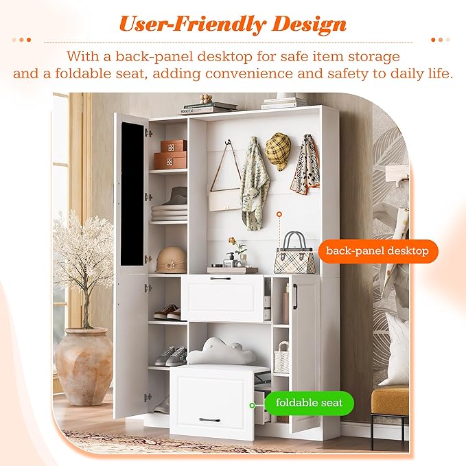 Merax Hall Tree with Foldable Bench and Shoe Storage, Entryway Coat Rack with Mirrored Cabinet Door, Hooks, Drawer, and Cabinets, Modern Hall Trees for Hallway, Living Room,White
