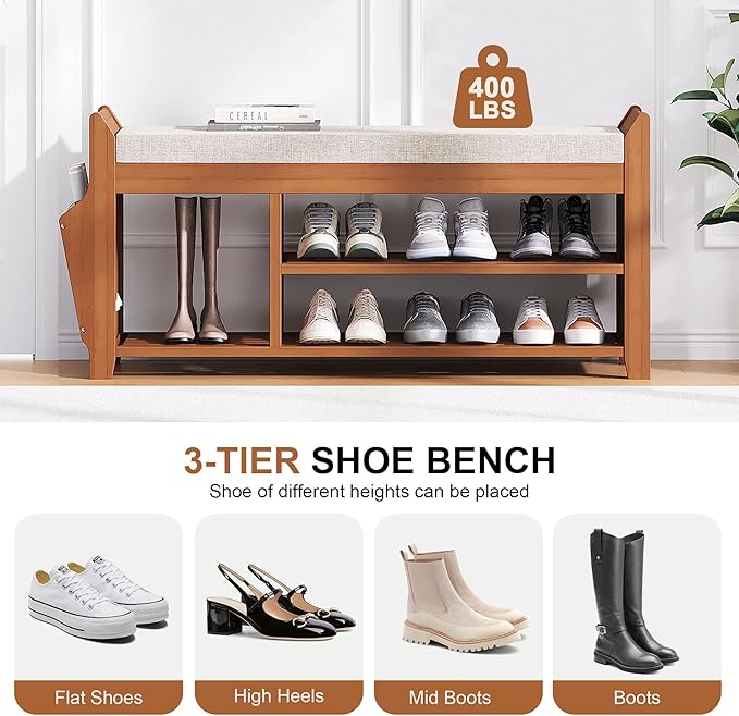 39.4" Shoe Bench with Coat Rack Hidden Drawer and Side Holder, 2 Tier Entryway Bench with Storage, Bamboo Shoe Rack with Cushion for Entryway Hallway Living Room Bedroom