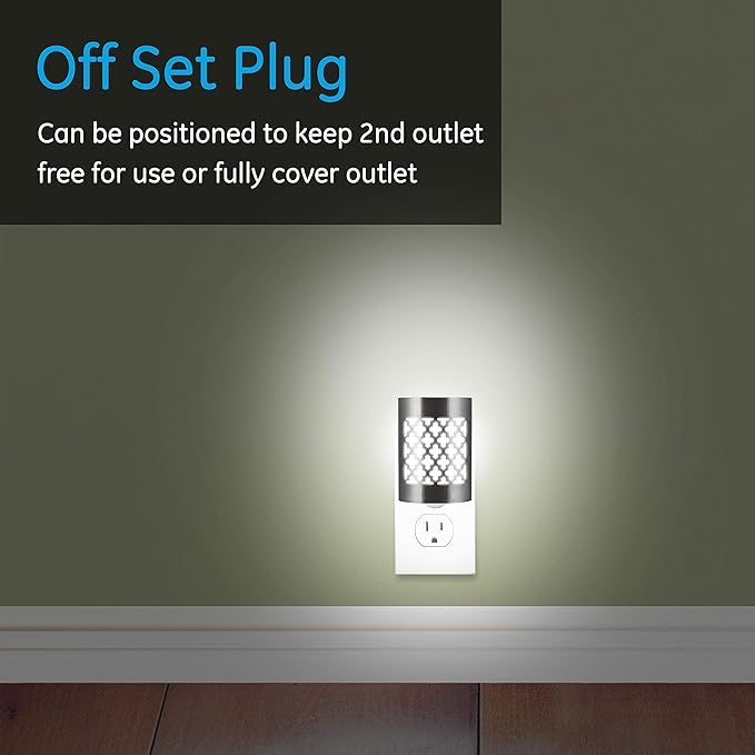 GE CoverLite LED Night Light, Plug-in, Dusk to Dawn Sensor, Home Decor, LED Lights for Bedroom, Bathroom, Kitchen, Hallway, 2 Pack, 46815, Brushed Nickel | Moroccan