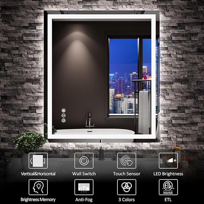 Amorho LED Mirror for Bathroom, 28"x 32" Mirror with Front Light and Backlit, Stepless Dimmable, Shatter-Proof, Memory, 3 Colors, Wall Mount (Horizontal/Vertical)