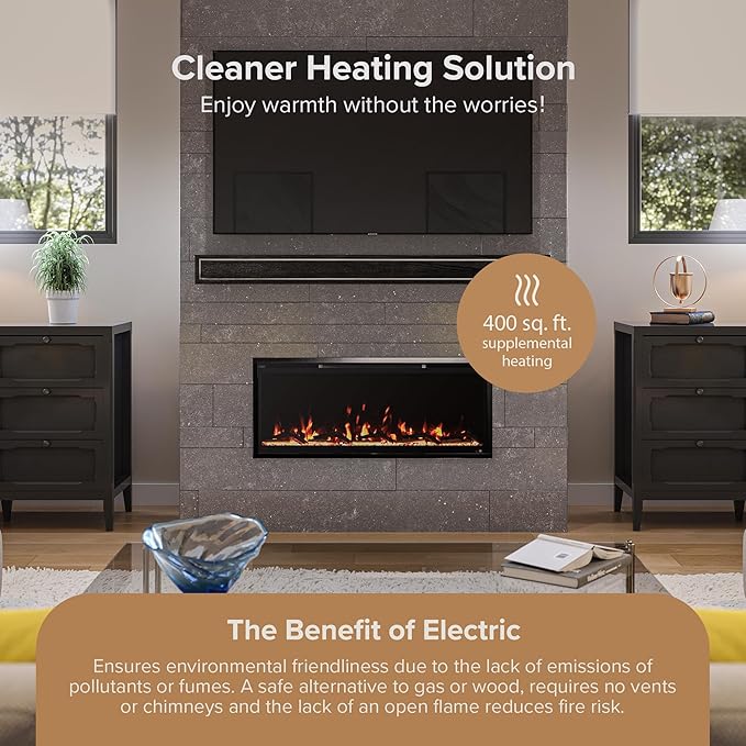 Modern Ember Aerus Slim 42 Inch Smart Linear Electric Fireplace | Recessed in-Wall or Wall-Mount | LED Multiple Flame Colors | Alexa/WiFi Enabled | 4.25” Profile | Remote Included