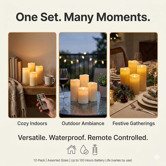 Enido Flameless Candles Led Candles Pack of 12 Battery Candles (D2.15'' x H4''5''6'') Waterproof Outdoor Indoor Candles with 10-Key Remotes and Cycling 24 Hours Timer (Plastic)
