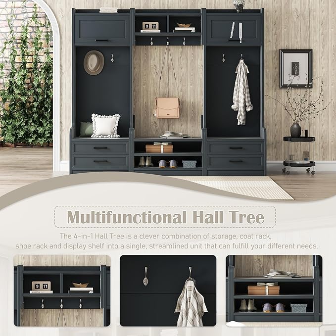 Bellemave Wide Hall Tree with Storage Bench, Wood Coat Rack with Cabinet and 7 Hooks, Mudroom Organizer with Shoes Storage Cubbies for Entryway Hallway (Dark Blue, 78" W)