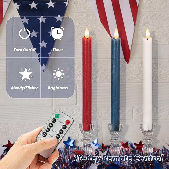 Patriotic Flameless Candles with Remote and Timer, Real Wax Red White and Blue Candles for 4th of July Decorations, Battery Operated Candles for Independence Day Celebrations, 3Pack