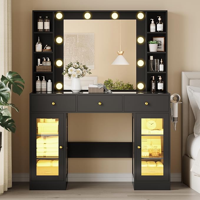 Makeup Vanity Desk with Mirror and Lights, Glass Top Vanity Table Set with Drawers & Power Outlet, Large Dressing Table with 3 Color Lighting Modes & RGB Cabinets for Women Girls Kids Bedroom, Black