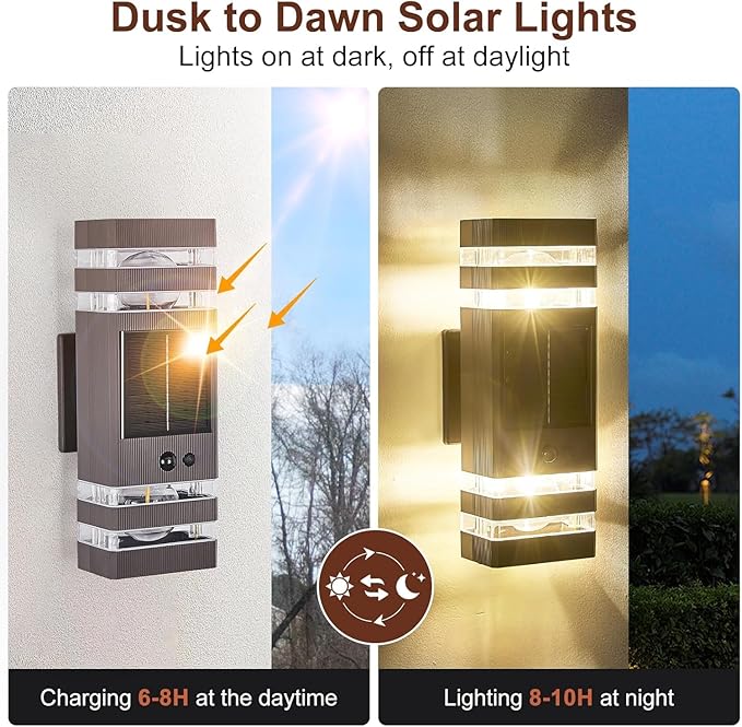 Oil Rubbed Bronze Solar Outdoor Wall Lights with 3-Mode Motion Sensor Outside Sconces Up Down Solar Porch Light Fixtures 3000K 500LM Dusk to Dawn Modern Exterior Wall Lamp for House Garage Front Door