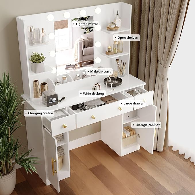 Makeup Vanity Desk with Mirror and Lights, 43" White Vanity Set with 3 Drawers, Power Outlet & Adjustable RGB LED Lights, Dressing Table with Storage Shelf for Women & Girls Bedroom
