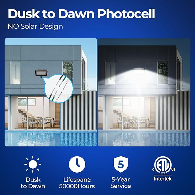 CINOTON Dusk to Dawn LED Flood Light Outdoor 50W, 7000LM IP65 Waterproof Security Wall Light Fixture with 180°Knuckle for Warehouse Patio Porch Garage 5000K Daylight AC100-277V, 1 Pack