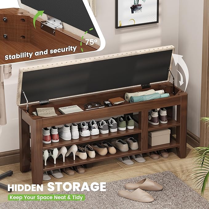 Shoe Bench for Entryway, Solid Rubberwood Shoe Bench with Hidden Storage, Adjustable 2-Tier Shelves & Soft PU Leather Seat, Shoe Rack Durable Easy Assembly for Hallway or Bedroom - Beige, 47.2"