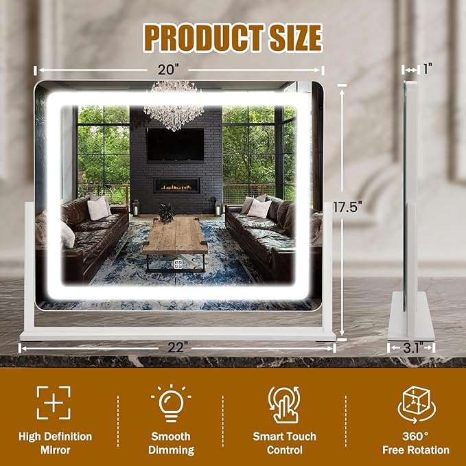 Vanity Mirror with Lights 22"×17", Large LED Makeup Mirror with Light, Smart Touch with 3-Color Lighting, Dimmable, 360° Rotation, HD Desk Mirror, Vanity Mirror Tabletop (White)