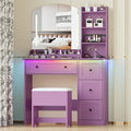 Vanity Desk with Mirror and Lights & Power Outlet, Makeup Vanity Set with Chair & RGB Ambient Light, Girls Vanity Dressing Table with 3 Lighting Modes & Adjustable Brightness for Bedroom, Purple