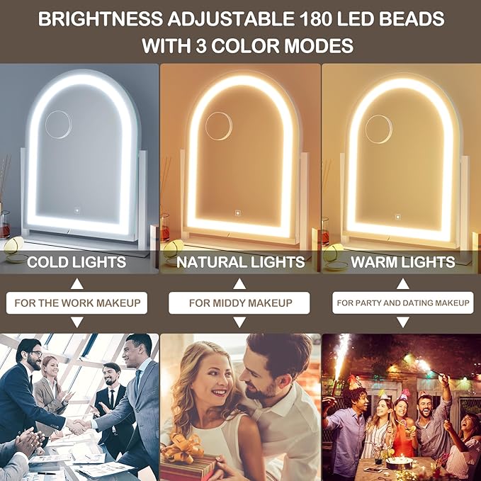 Arched Makeup Vanity Mirror with Lights 17.2" LED Makeup Mirror Detachable 10X Magnification, Hollywood Make Up Mirror with Lighting, Smart Touch, 360° Rotation, (Gold,Gift Box)
