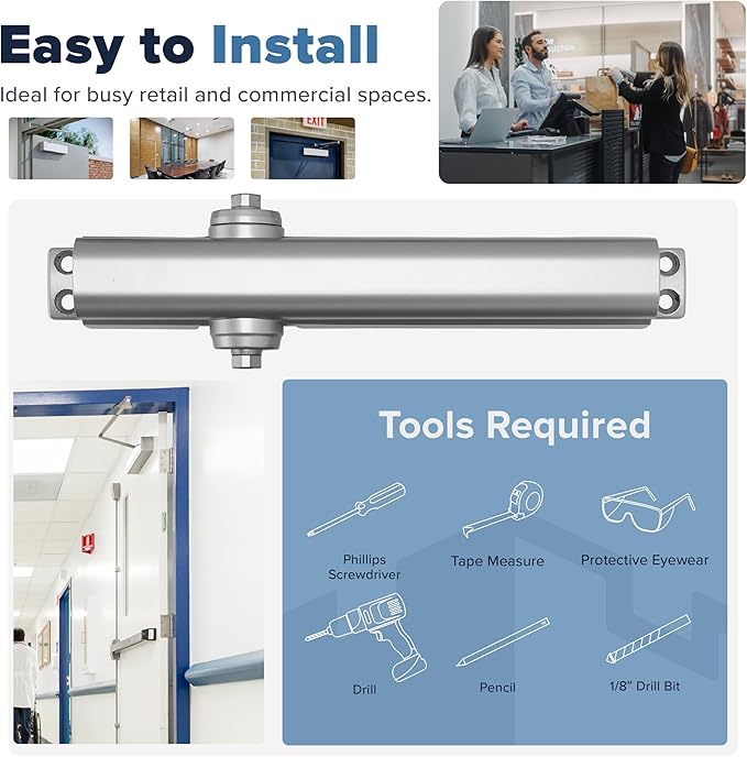 Commercial Door Closer FH-8400 Heavy Duty Adjustable Grade 1 Standard Automatic Door Closing Hinge - ADA Compliant UL & CUL UL10C Listed - Aluminium Finish - High Traffic (Silver)