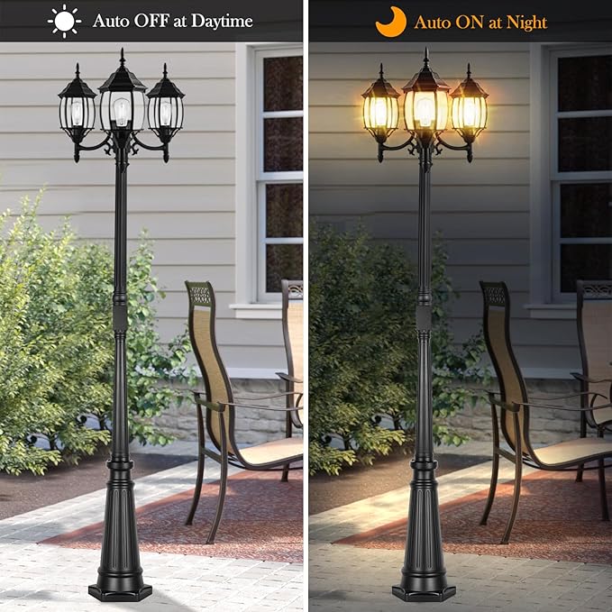Dusk to Dawn Outdoor Lamp Post Light with GFCI Outlet, 3-Head Classic Black Light Pole with Glass Panels (3 LED Bulbs Included), Aluminum Waterproof Outside Street Light for Backyard Garden Driveway