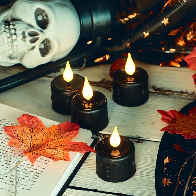 6 pcs Rechargeable Halloween Black Flameless LED Tea Light Candles Halloween Pumpkins Lights for Holiday Decor, Theme Party Decor(Black)