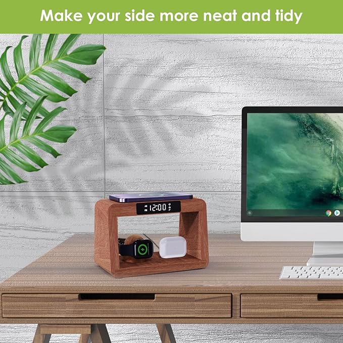 Wooden Bedside Table Lamp with Wireless Charging Station, LED Clock Display, 3 Night Light Modes, Bamboo