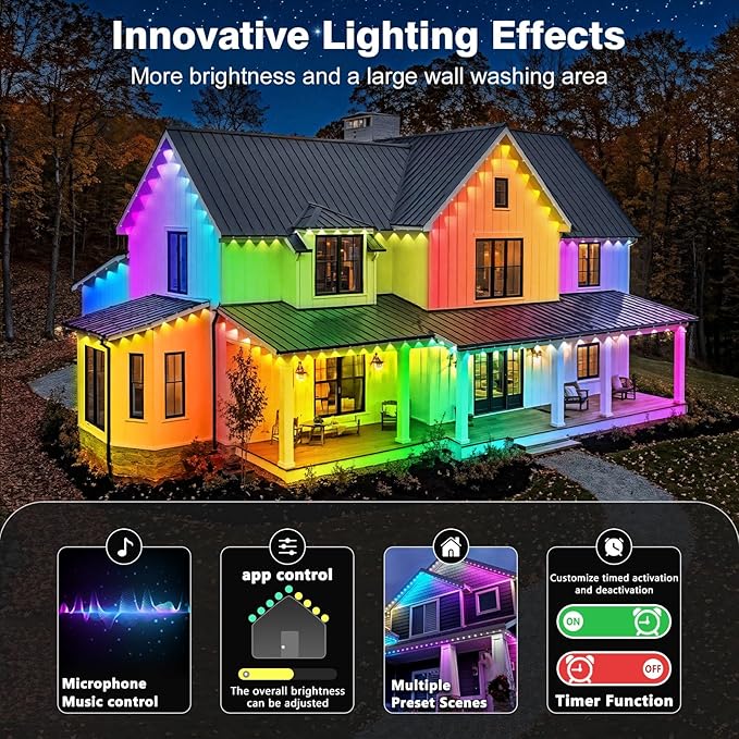LITSOUL 200FT Permanent Outdoor Lights for House Waterproof, Smart RGB Eave LED Lighting with 16 Million Colors, IP67 Outdoor Strip Lights for Christmas Halloween Holiday Daily Decorations (60m/200ft)